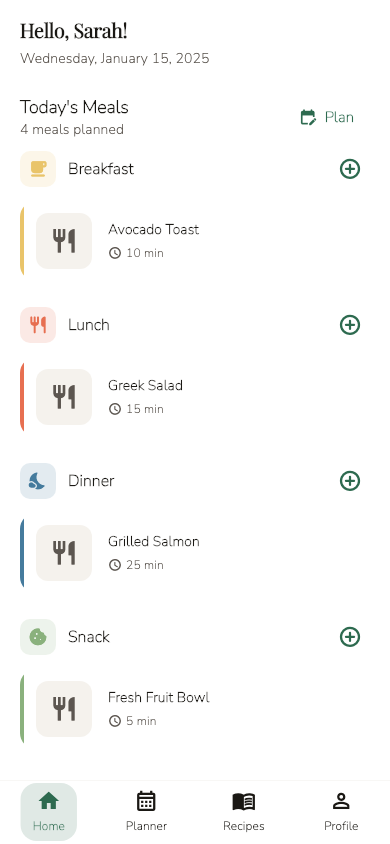 My Meal Stack app showing today's meal plan