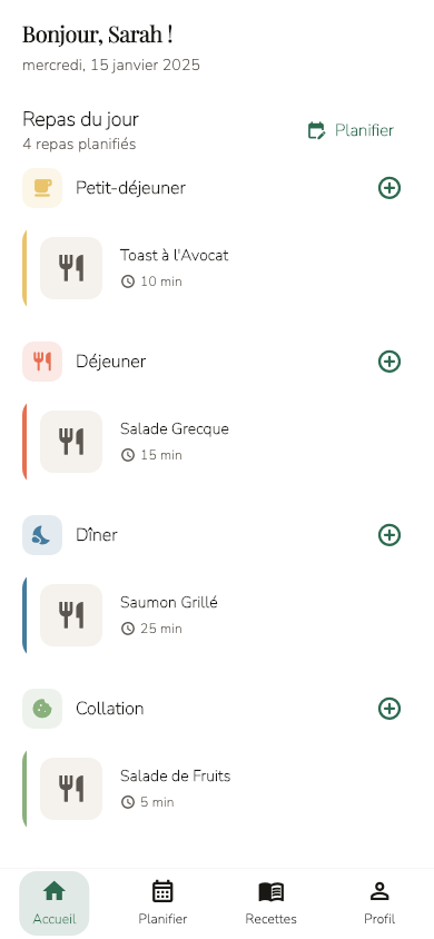 Application My Meal Stack affichant le plan de repas du jour